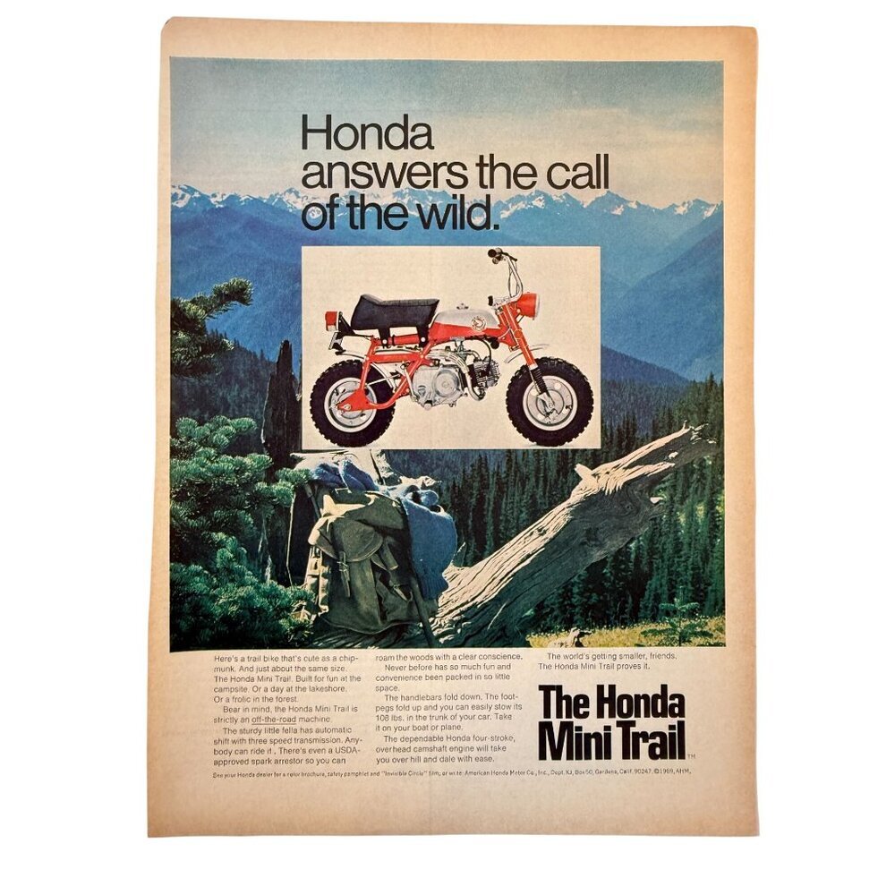 Vintage 1969 Honda Motorcycle Trail Bike Wilderness Advertisement Print Ad